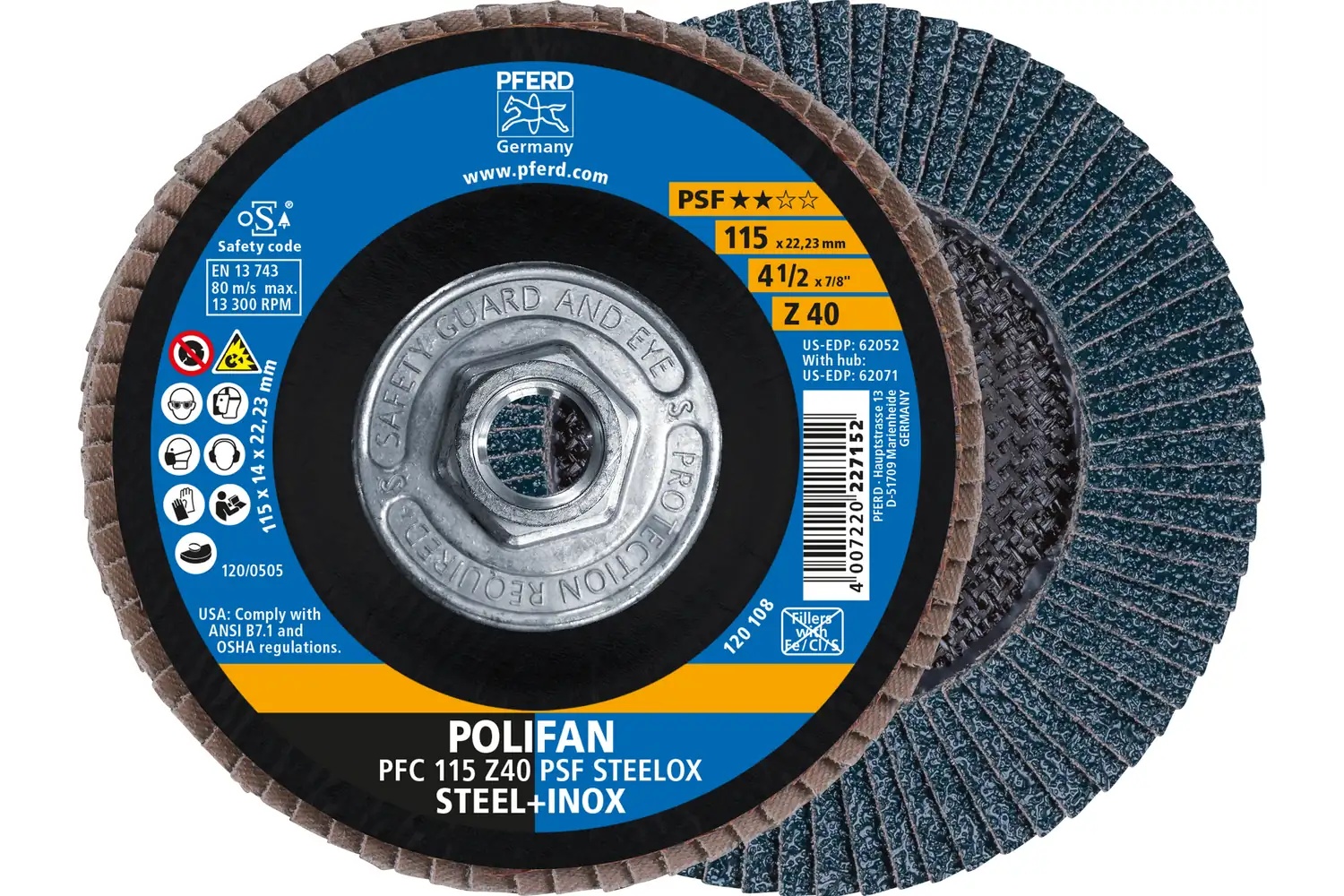 Picture of Pferd Flap Disc, 4-1/2" x 5/8-11, Z PSF Steelox, 40 Grit, T29, Conical, Zirconia